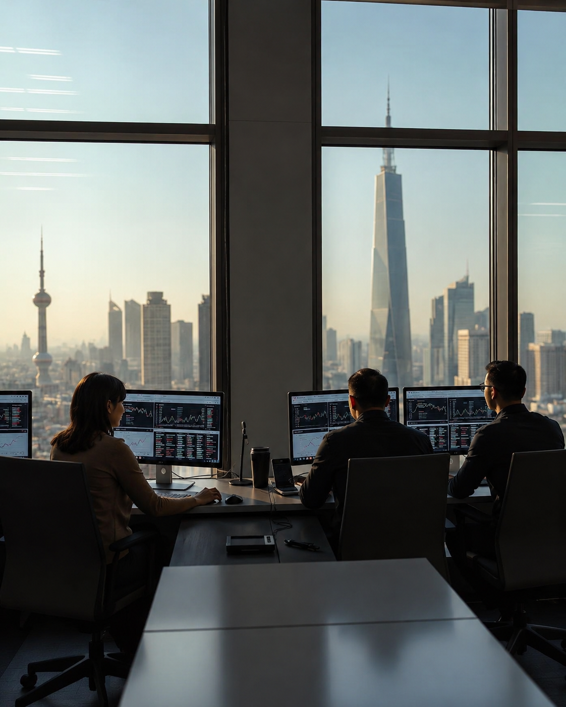 Equipe P5 Group trabalhando em escritório com vista para Shanghai