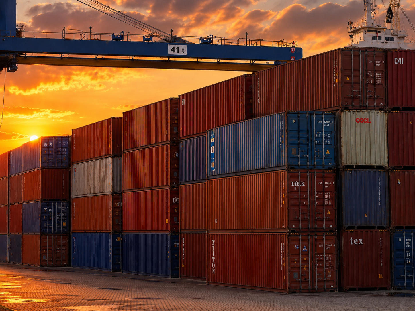 Containers empilhados em porto durante o trânsito Brasil-China